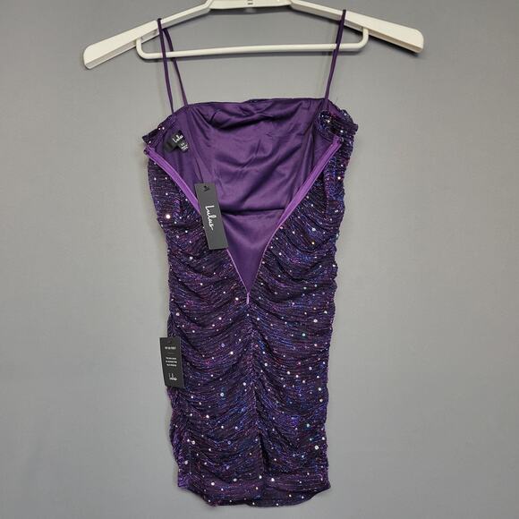 Lulus Mini Dress Womens XS Purple Sequin Ruched Bodycon Spaghetti Strap Party - Picture 9 of 11
